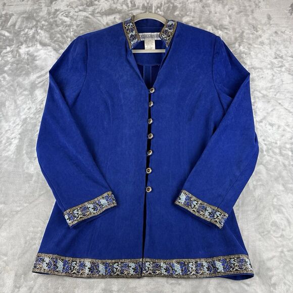 Jessica Howard Jackets & Blazers - Vintage Jessica Howard Velvet Blazer Womens 8 Blue Gold Ribbon Trim Regal (1043)